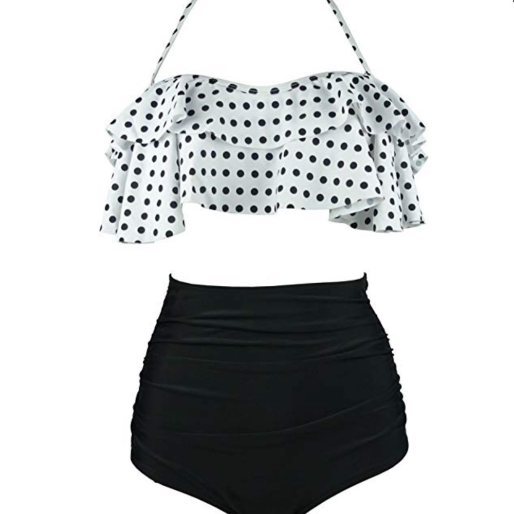 High Waisted 2pc Black & White Polka Dot Swimsuit